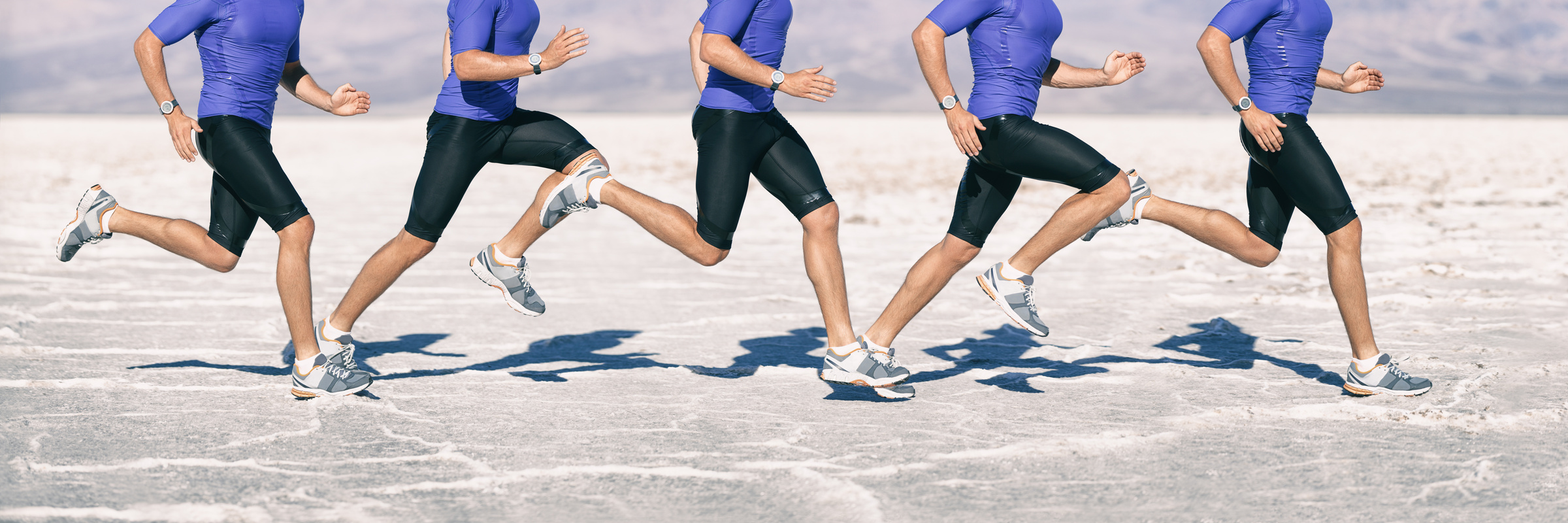 Biomechanics of Running - Gait Cycle Movement Analysis of Runner Sprinting through Desert Jogging Fast. Closeup of Legs and Shoes Composite of Motion.